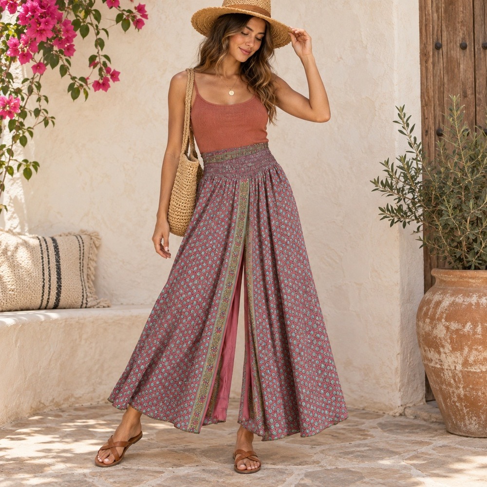 Silk Ranch Pink Floral Smocked Wide Leg Palazzo Pants Boho Relaxed One Size NWOT